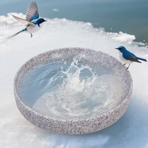 TOWDREU Hängende Stein-Vogeltränke für den Außenbereich, 25,4 cm, natürliche Boden-Vogeltränke und Futterspender, handgefertigte Vogeltränke für Balkon, Terrasse, Garten oder Hof, Grauweiß