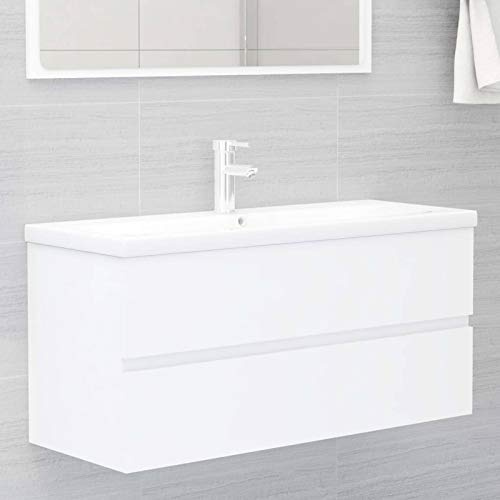 Gecheer Mobile Bagno con Lavabo Integrato, Mobile Sottolavabo Bianco in Legno Multistrato 100x38,5x45 cm con Lavabo in Ceramica 101x39x18,5 cm e Rubinetto Caldo/Freddo, per Bagno e Toilette