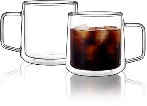 CNGLASS 15oz Double Walled Glass Coffee Mugs,Large Insulated Glass Mugs with Handle,Clear Coffee Cups for Espresso,Latte,Cappuccino,Tea,Set of 2