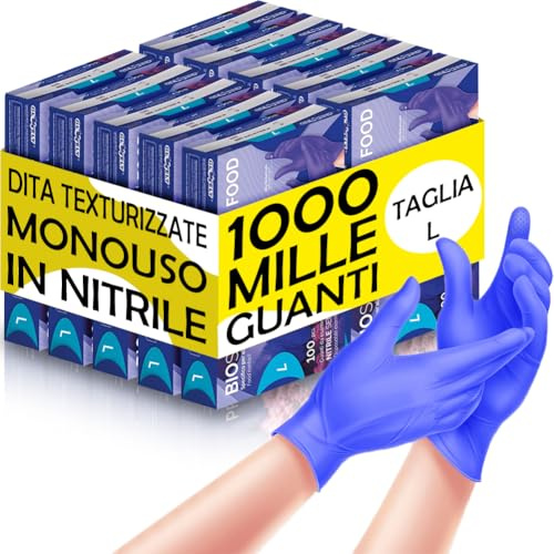 BAKAJI 1000 x Guanti Nitrile Monouso Colore Blu Cobalto, Senza Polvere e Lattice, Ipoallergenici, Bio Soft, Dita Texturizzate, Adatto all'Uso Medico, Alimentare, Cucina, Casa, Pulizie (L)