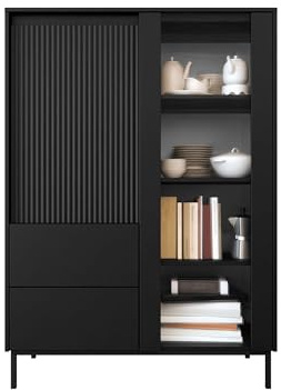 Mirjan24 Standvitrine Ozmi 2D2S mit 2 Türen und 2 Schubladen (Schwarz) | Vitrinenschrank mit geriffelten Fronten, 7 Innenfächern, Push-to-Open-System und schwarzem Metallgestell