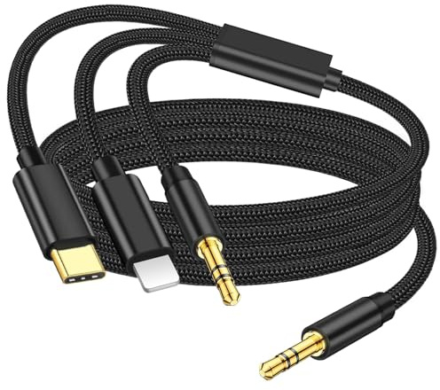 Puiseno 3 in 1 Aux lightnning Kabel, [Mfi Certified] USB C, 3.5mm und Lightnning auf 3.5mm Aux Kabel Kompatibel mit Phone 16/15/14, Galaxy, iPad (nicht für Anrufe, Schwarz)