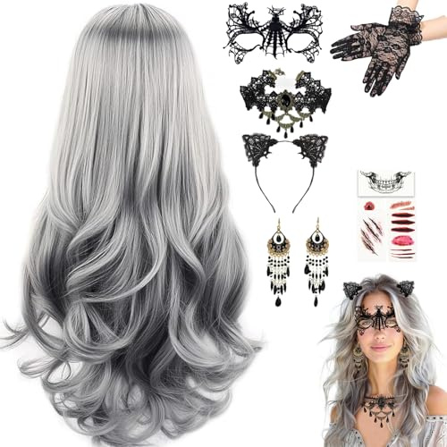 STFYUG Halloween Perücke Damen, Grey Wig Lang Haar Gelockt, Lange Gewellt Silber Grau Perücke, Perücke Damen, Hexenperücke Gotisch Halskette Armbänder, für Halloween Karneval, Mottoparty