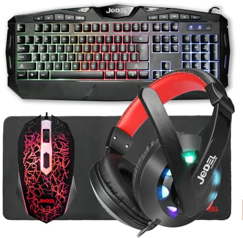 Knights 4-in-1 Gaming Set, Keyboard with RGB LED, 4000 DPI Mouse, XL Mouse Mat, LED Gaming Headset, UK Layout, Fully Wired