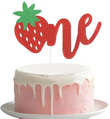 1Pcs Strawberry One Cake Topper First Birthday Glitter Cake Topper Decoration for Kids Happy 1st Birthday Party Strawberry Theme Baby Shower Supplies