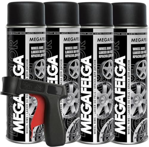 Craft-Equip DC 4er Sparpack MEGAFELGA 500ml inklusive Haltegriff - Felgenlack - Lackspray für Alufelgen und Stahlfelgen (4 Dosen 500ml Felgenlack Schwarz Matt + Haltegriff)