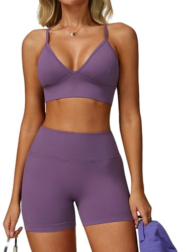 JTSONN Conjunto Deportivo para Mujer Gimnasio de Punto Elástico Yoga Tirantes Fitness Ropa Escote en V Espalda Descubierta Sujetador Combinado Pantalones Cortos Fruncido Ropa Deportiva sin Costuras