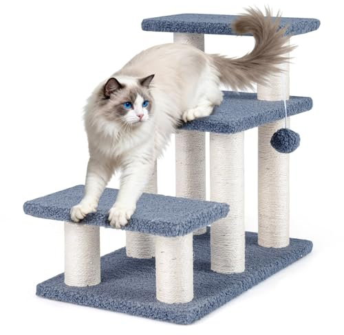 COSTWAY Cat Stairs, 3-Step Pet Easy Climb Ladder with Sisal Scratching Posts & 3 Large Platforms, 2-in-1 Indoor Elderly Cat Tree Tower Pet Steps for High Bed Sofa Couch (56 x 33 x 51cm)
