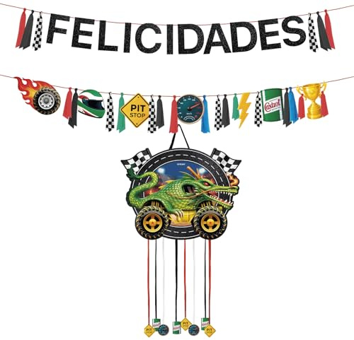 OH YEAH Geburtstag Piñata Dragon Monster 45 x 34 cm + Girlande 'Herzlichen Glückwunsch' - Kinderpartydekoration - Große Pinata zum Befüllen mit Spielzeug und Süßigkeiten - Einfach zu befüllen