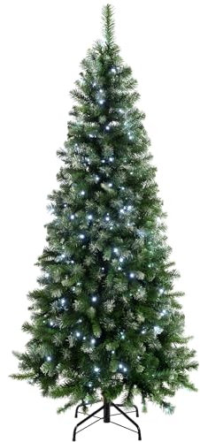 WeRChristmas Pre-Lit Slim Frosted Christmas Tree with 200 White LED Lights, 6 ft/1.8 m, Green