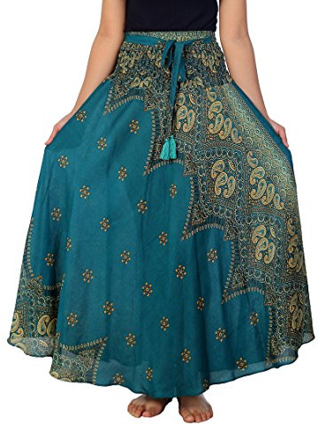 Lannaclothesdesign Women's Long Maxi Skirt Bohemian Gypsy Hippie Style Clothing Boho Skirts (US 37 INC S-M, Teal Peacock Flower)