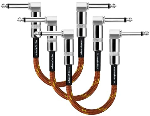 Urbanphonics Guitar Patch Cable 23cm | 3 Pack Noiseless 6.35mm 1/4 Inch Right Angle Male-to-Male | Pro Leads for Pedalboard, Electric Guitar, Bass and Effects Pedals | Copper Braided Tweed