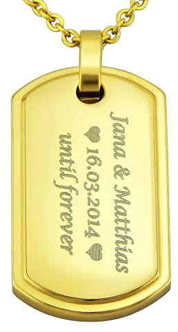 Hanessa Personalisierte Kette mit Gravur Edelstahl 50 cm mit Anhänger Dog Tag Erkennungsmarke in gold - Personalisierte Halskette für Männer und Frauen - Personalisierter Schmuck Damen Herren