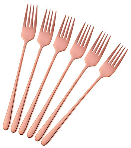 BISDARUN Stainless Steel Dinner Forks Pack of 6 Rose Gold Table Forks Long Handle 21.3 cm(8.4 inches) Korean Cutlery Forks Set for Steak Meat
