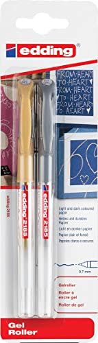 Edding 2185 Gelroller - Gold, Silber (Metallic) - 2 Stück - 0,7 mm - Gelstift zum Schreiben, Zeichnen, Ausmalen von Mandalas, Bullet Journals - Glitzer Gelstift Farbgel Stift