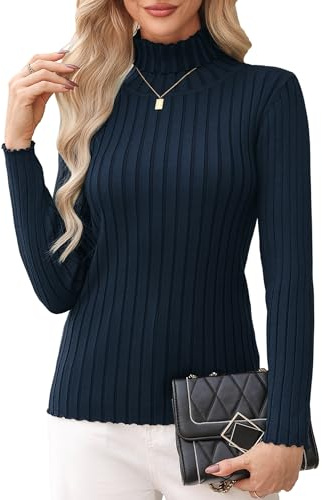 Aottori Ladies Polo Neck Jumpers Long Sleeve Turtle Neck Tops for Women Knitted Sweater Solid Winter Warm Pullover Tunic Navy L