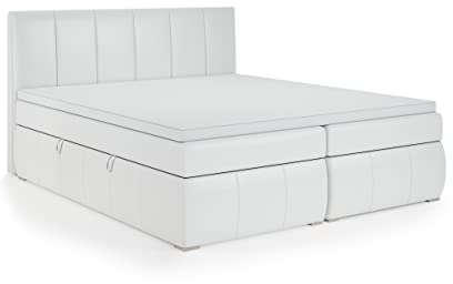 FEDVE Boxspringbett 160x200 Weiß Öko-Leder – Leo – Dauerhaft Bett mit Bettkasten – Praktisches Doppelbett mit Stauraum für Viele Jahr - Kopfteil Bett mit Matratze zum Schlafzimmer
