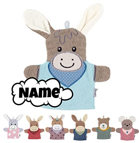 Sterntaler Waschlappen Kinder personalisiert | Waschhandschuh | Waschlappen Frottee mit Namen bestickt | 100% Baumwolle | Baby Geschenke (Emmi Esel hellblau)