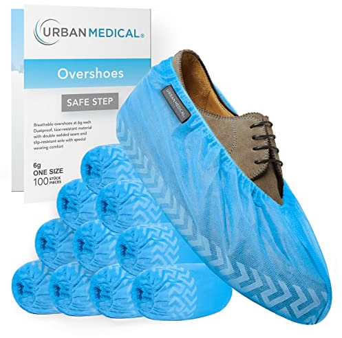 URBAN MEDICAL 100x Copriscarpe Traspiranti Monouso/Riutilizzabili 6,5 g ciascuno con Suola Antiscivolo - SAFE STEP - Resistente a Strappi e Abrasioni - Sovrascarpa per Interni ed Esterni - Onesize