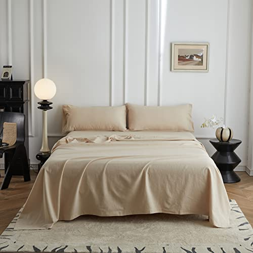 Simple&Opulence Flat Sheet, 55% Linen 45% Cotton Basic Style Super Soft Flat Top Bed Sheet, 255 x 270 cm, Linen/Beige