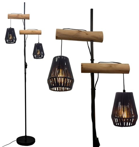 Osasy Golvlampa i naturligt trä, svart metallrep, modern 169 cm golvbelysning, eleganta golvlampor för sovrum, vardagsrum, kontor, med strömbrytare, 2 E27-uttag
