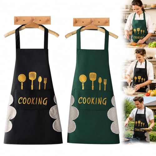2 Grembiuli da Donna, Grembiule da Cucina, da Donna, con Grande Tasca, Impermeabile, Spesso, Tracolla Regolabile per Cucinare, Cuocere, Lavori Domestici