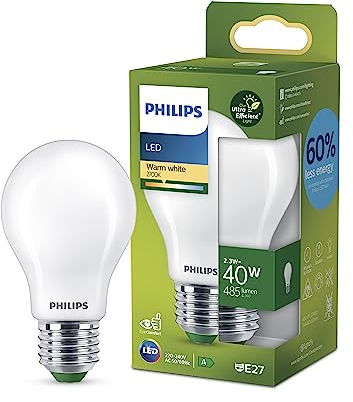 Philips LED Lampadina Goccia Vetro Smerigliato Classe A Ultra Efficiente, 40W, E27, Luce Bianca Calda