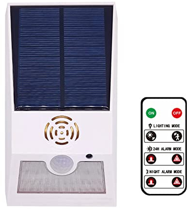 Lampe d'alarme extérieure stroboscopique solaire avec télécommande détecteur de mouvement 129 db sirène de sécurité sonore IP55 étanche protégée pour votre maison, villa, grange, ferme, cour white
