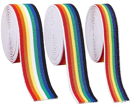 FINGERINSPIRE Cinta elástica de nailon de color arcoíris de 6 yardas de 20/25/38 mm de ancho, cinta elástica de costura plana con patrón de rayas de colores para cintura, bandas de peluca, accesorios