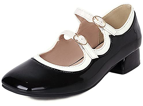 Gicoiz Fußkleidung Lack Mary Jane Damen Klassische Square Toe Schuhe Schnalle Block Mitte Absatz Schuhe Pump Comfy Weit Fit-Spangepy Kleid Schwarz Gr 37 EU-38Cn