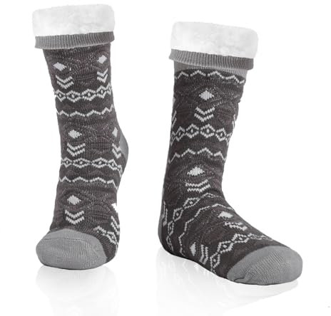 WOTENCE Chaussettes Chaussons Homme Hiver Chaudes Antidérapantes Chaussette Pantoufle Thermiques Polaire, Cadeau Noel Anniversaire（Rayure Gris）