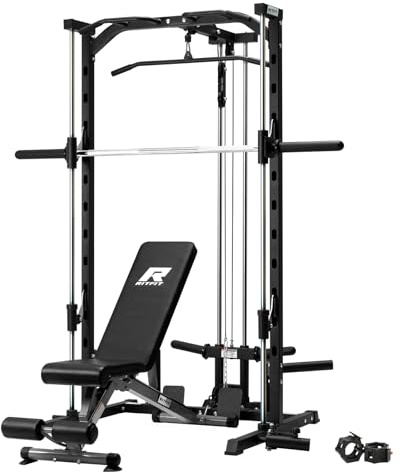 RitFit Smith Machine Power Rack with LAT-Pull Down System, Landmine, Barbell Bar, Plate Storage Pegs and More Training Attachment, 1000 LBS Multifunction Squat Rack for Home Gym