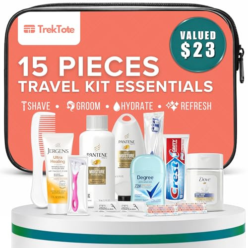 TrekTote 15 Piece Set Women’s Travel & Hygiene Kit with Clear Toiletry Bag, Personal Care Essentials, Single Kit or Bulk Case Packs, TSA Approved Toiletry Kit for Travel, Vacation, Everyday Essentials