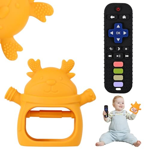 Teething Toys 3-18 Months Baby Teether Toy Toddler Remote Teether for Babies Silicone Hand Teether Mitten Control Remote Teething Glove Set, BPA Free