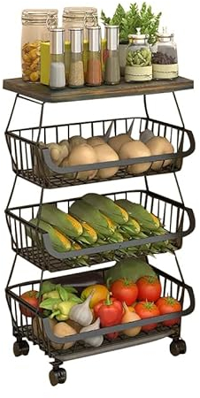 Baotkere Paniers de Rangement empilables en Fil de métal avec roulettes, étagère de Rangement à 4 Niveaux, Chariot à Fruits et légumes, étagère à Vaisselle pour Salle de Bain, Garage et Garde-Manger