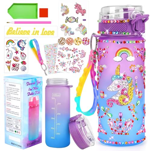 PUWOWYE Einhorn Geschenke für Mädchen 5 6 7 8 9 10 Jahre, Trinkflasche Bastelset Kinder ab 6 8 10 11 Jahre DIY Wasserflasche Basteln Diamond Painting Kinder Geburtstag Spielzeug Mädchen 4-12 Jahre