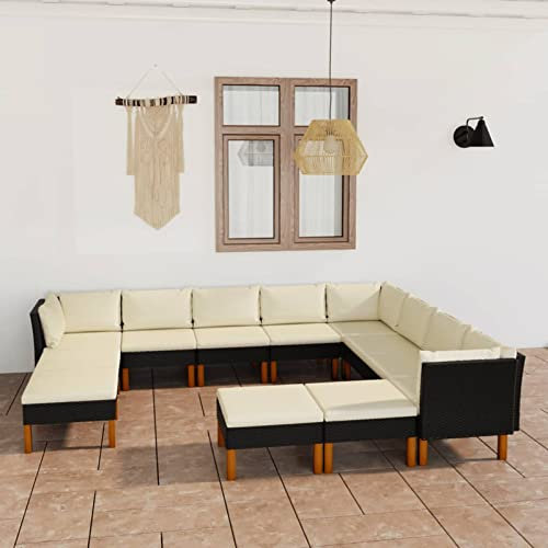 Homgoday 12-TLG. Garten-Lounge-Set mit Kissen Gartenlounge Sofa Balkon Lounge Sofa Ecksofa Garten Sitzgruppe Gartenmöbel Set Balkonmöbel Gartengarnitur Poly Rattan Schwarz