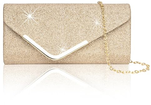 Larcenciel Pochettes et Clutches Femme, Pochette Enveloppe Sac de Soirée en Paillettes Brillant avec Chaîne, Chic Sac à Main Femmes Bandoulière Caba Sacoche pour Mariage Fete Bal Voyage (Champagne)