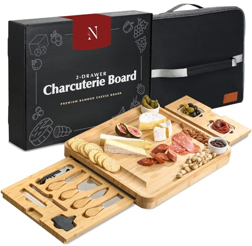 Namre' Large Charcuterie Board Gift Set: Insulated Travel Bag -Charcuterie Trays - Bamboo Cheese Board for Wedding Gifts for Woman -House Warming Gift Cheese Set 13” x 15 x 2”