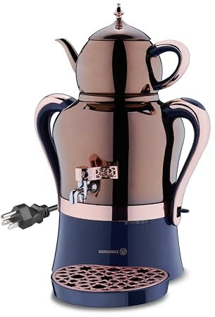 Korkmaz Samovar, Electric Turkish Tea Maker Set, Double Pots Tea Machine, Hanedan Stainless Steel Pot | 1.37 Qt+ 3.69 Qt | 110 V US Plug