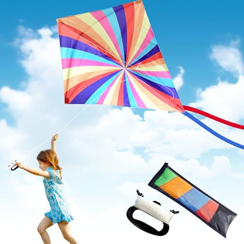 LURNODY Kinderdrachen Einleiner Regenbogendrachen 80x90 cm mit 50m Flugschnur | Windstarker Leichtflieger für Strandaktivitäten | Erwachsene & Kinder | Flugdrachen-Set inkl. Tragetasche‌