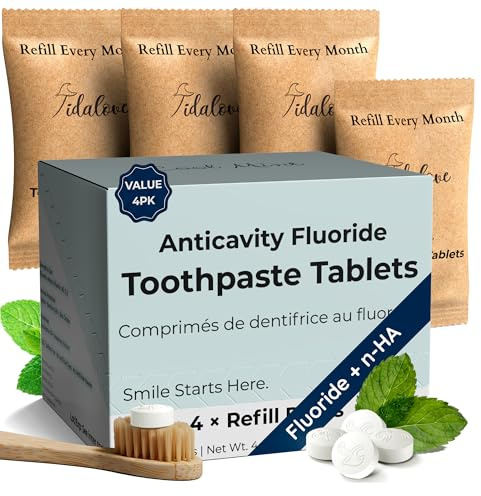 Tidalove Smile More tandkrämstabletter med fluor och nHAp: vegan, stärker emaljen, inga rester, påfyllningspapper, 248 tabletter, färsk mynta, 4 månaders försörjning, lämplig för: