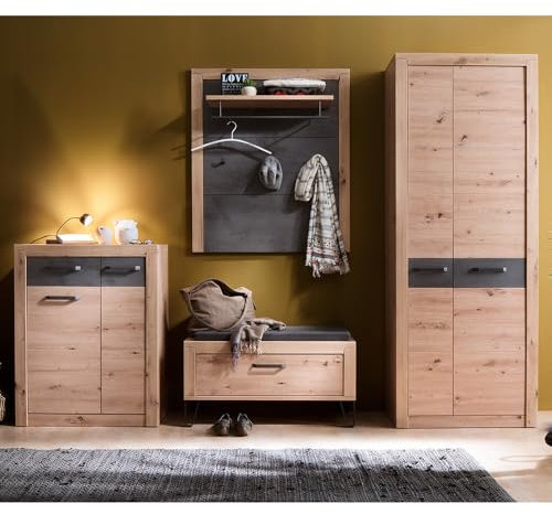Lomadox Garderoben Set Kommode Schuhbank Garderobenpaneel Flurschrank Eiche mit grau