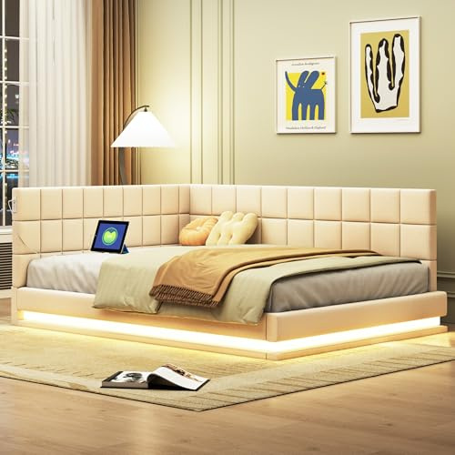 Kayan Polsterbett 140x200 mit LED und USB, Daybett Tagesbett Schlafsofa Multifunktionsbett mit Lattenrost, Hautfreundlicher Samtstoff, Ohne Matratze