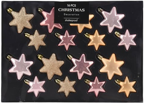 MIJOMA 16-teiliges Christbaumkugel-Set, bruchsicher, 2 Größen 65mm & 45mm, Weihnachtsanhänger – Herzform oder Sternform, Weihnachtsbaumschmuck Matt, Glänzend, Glitter (Rosa-Gold, Stern)