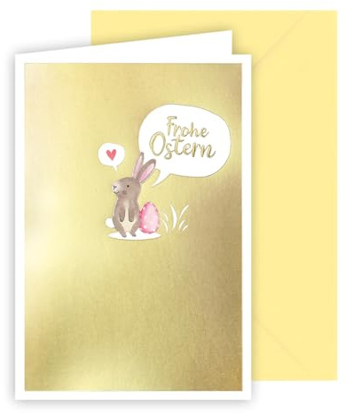KE - Osterkarte, Glückwunschkarte, mit Umschlag, pastellgelb, Motiv: Hase, Herz, einfarbige Fläche, Goldprägung, Format: B6