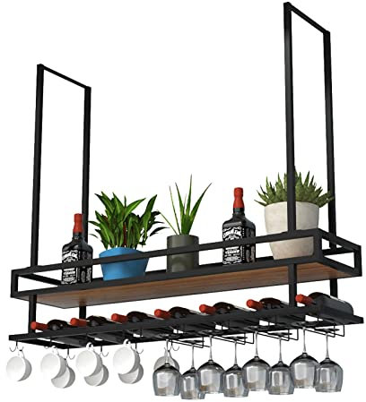 Estante de vino de techo con soporte de vidrio para colgar copas de vino de hierro para restaurante o cafetería, almacenamiento de vajilla