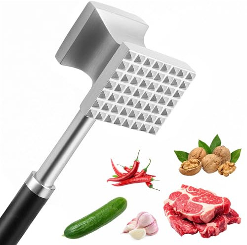 Druuzyl Mazo para Carne 27cm Acero Inoxidable - Ablandador de Carne Profesional Doble Cara (Plana/Zigzagueante), Mango Ergonómico Antideslizante para Bistec, Pollo, Cerdo y Carnes Rojas