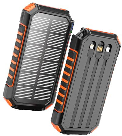 Virelek Solar Power Bank 27000mAh - Solar Phone Charger 15W Fast Charging with Built-in 3 Cables LED Flashlights - 5 Outputs Portable Charger for iPhone 16/15/14/13 & Android Outdoor