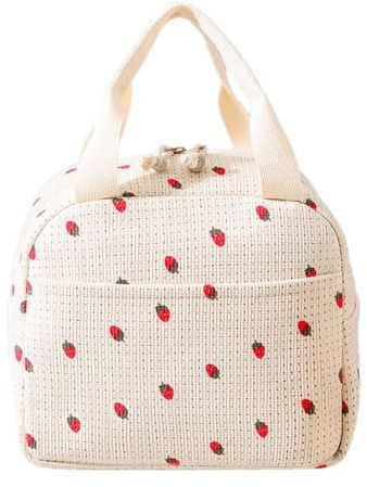 BbiuRer Kleinere Kühltasche Für Unterwegs, Lunchtasche Mit Erdbeer-Druck, Weiße Cord-Kühltasche Für Büro, Picknick Und Täglichen Gebrauch